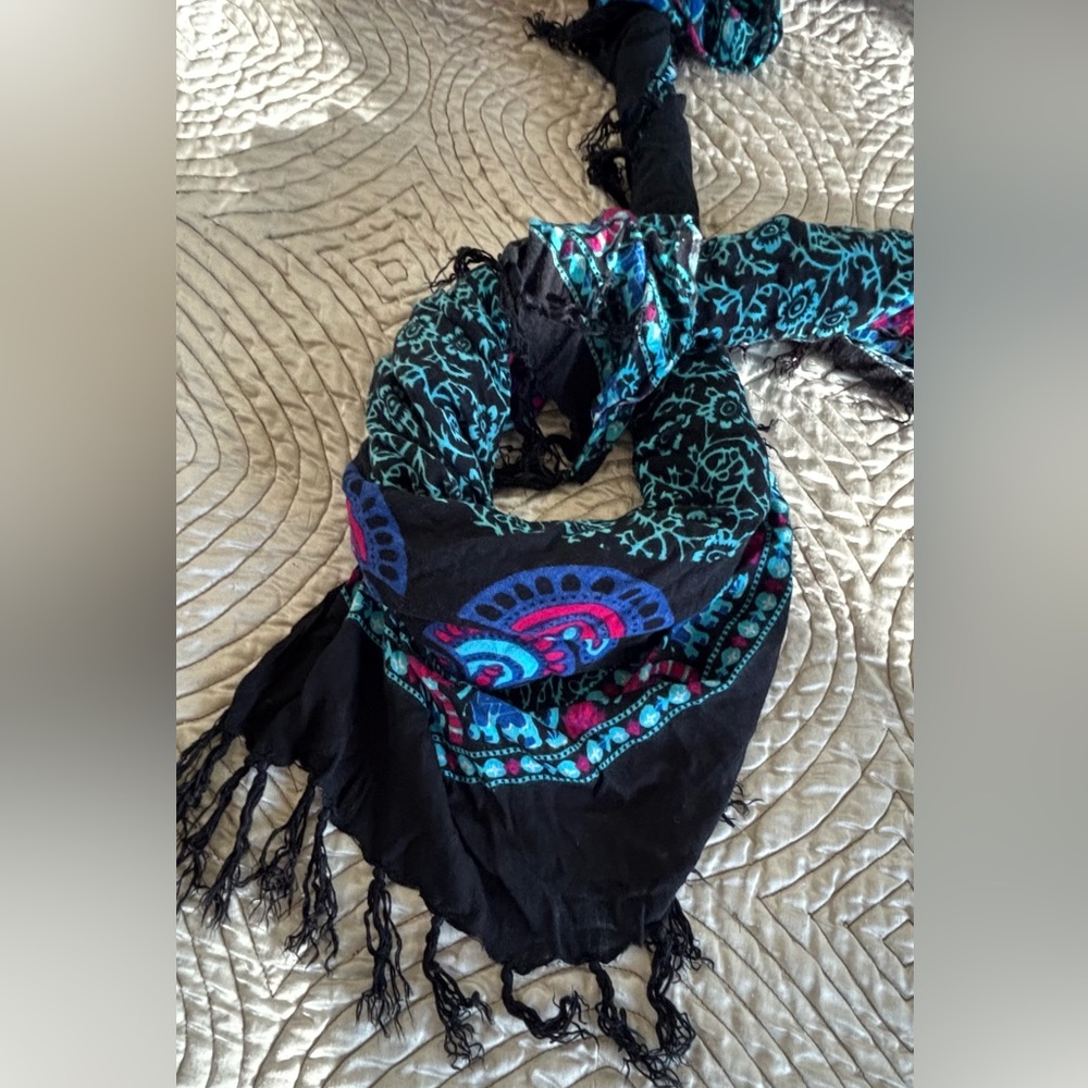 Fringed Shushi Klein Blue Mandala Rayon Scarf 36x60 | Bikini Cover Up Wrap Skirt